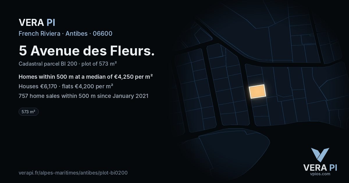 5 Avenue des Fleurs, Antibes at night – the plot lit, the parcels around coloured by the prices near them
