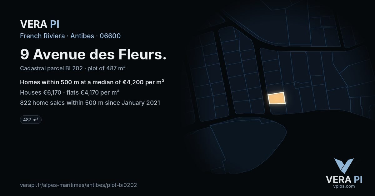 9 Avenue des Fleurs, Antibes at night – the plot lit, the parcels around coloured by the prices near them
