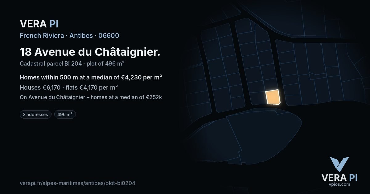 18 Avenue du Châtaignier, Antibes at night – the plot lit, the parcels around coloured by the prices near them