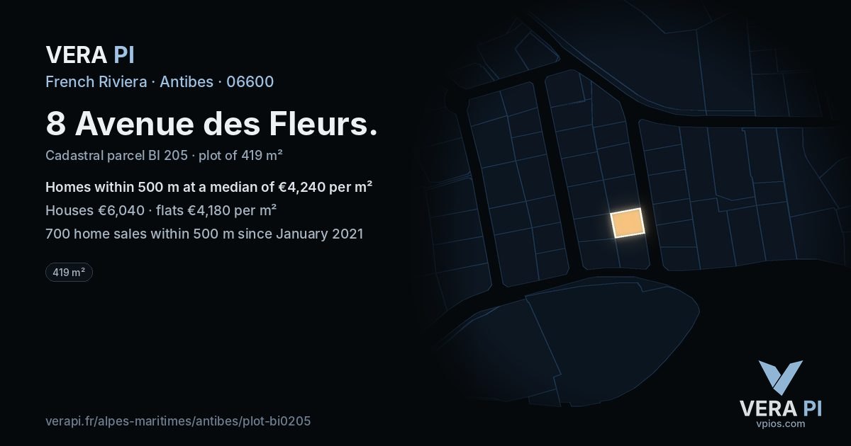 8 Avenue des Fleurs, Antibes at night – the plot lit, the parcels around coloured by the prices near them