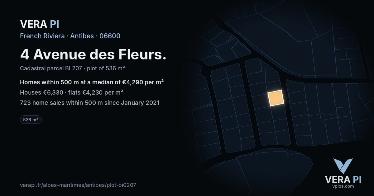 4 Avenue des Fleurs, Antibes at night – the plot lit, the parcels around coloured by the prices near them