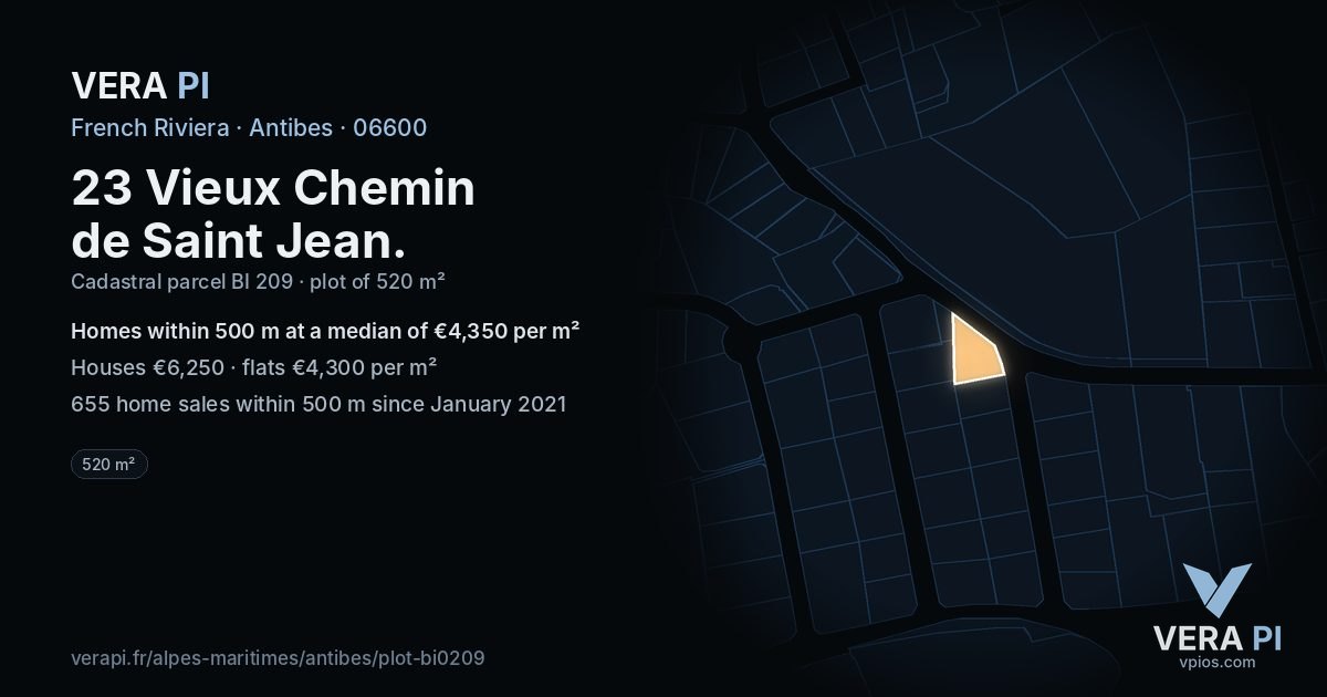 23 Vieux Chemin de Saint Jean, Antibes at night – the plot lit, the parcels around coloured by the prices near them