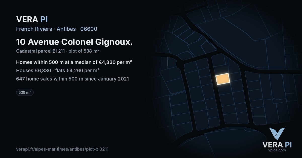 10 Avenue Colonel Gignoux, Antibes at night – the plot lit, the parcels around coloured by the prices near them