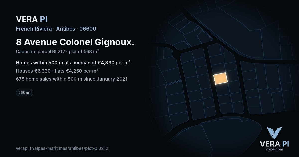 8 Avenue Colonel Gignoux, Antibes at night – the plot lit, the parcels around coloured by the prices near them