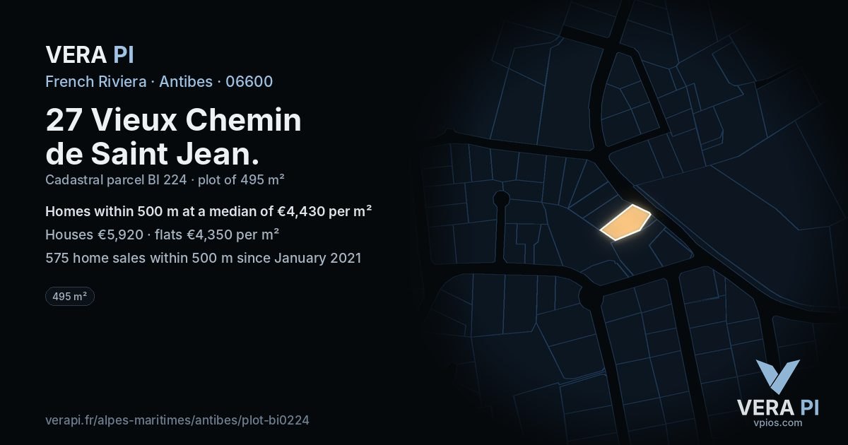 27 Vieux Chemin de Saint Jean, Antibes at night – the plot lit, the parcels around coloured by the prices near them