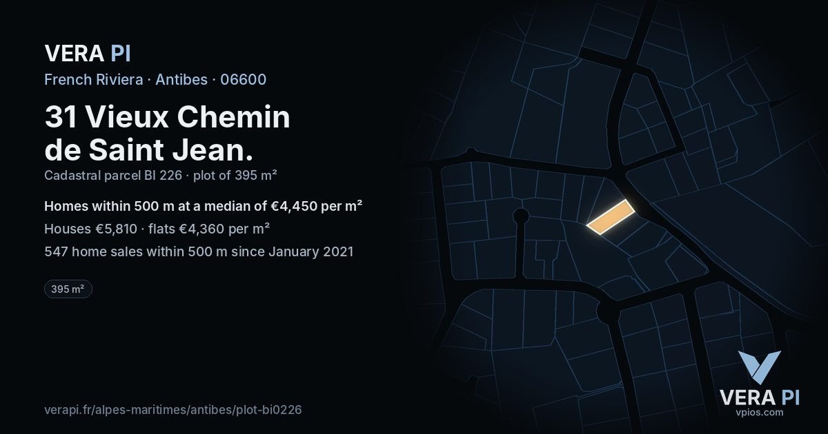 31 Vieux Chemin de Saint Jean, Antibes at night – the plot lit, the parcels around coloured by the prices near them