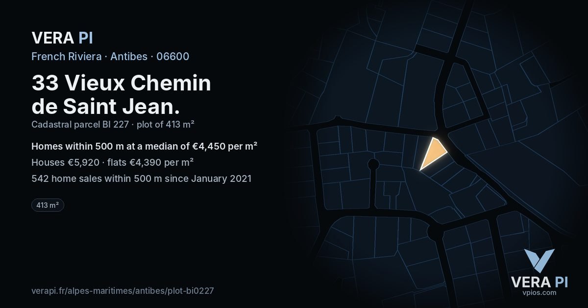 33 Vieux Chemin de Saint Jean, Antibes at night – the plot lit, the parcels around coloured by the prices near them