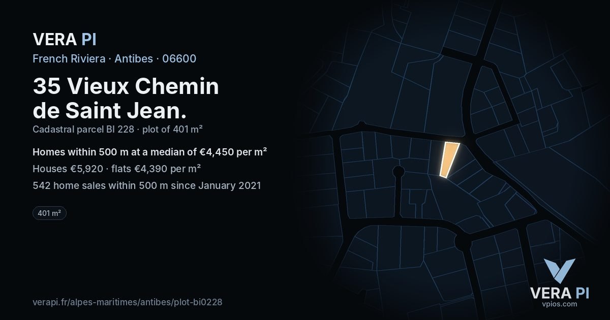 35 Vieux Chemin de Saint Jean, Antibes at night – the plot lit, the parcels around coloured by the prices near them