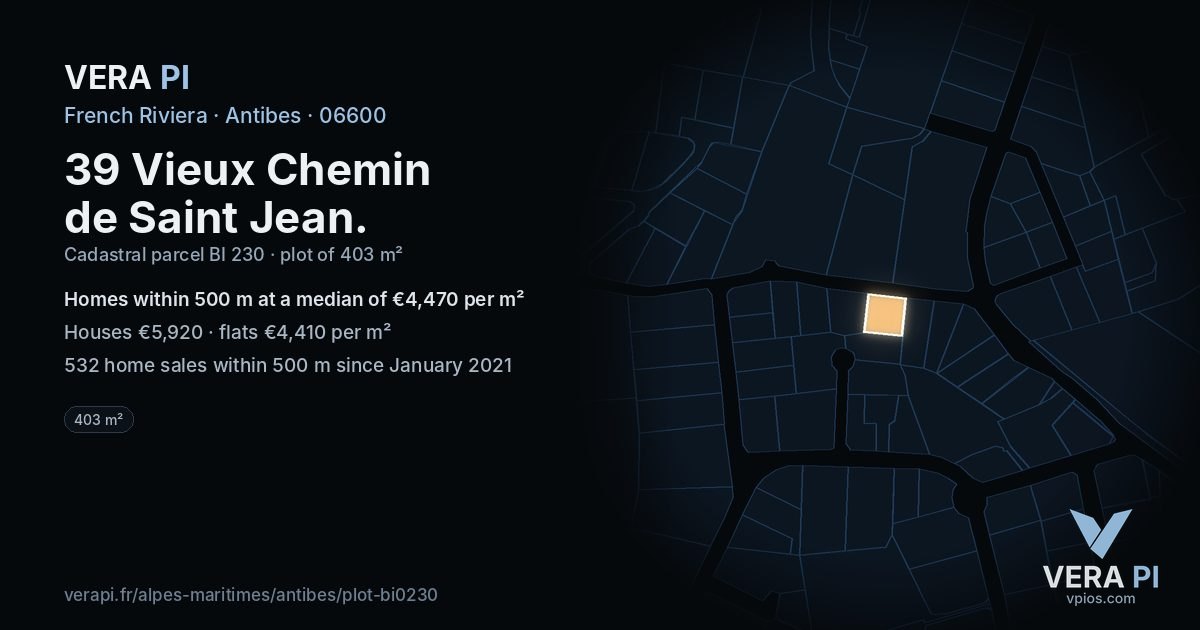 39 Vieux Chemin de Saint Jean, Antibes at night – the plot lit, the parcels around coloured by the prices near them