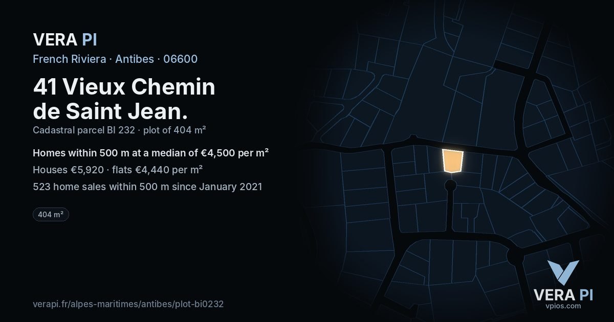41 Vieux Chemin de Saint Jean, Antibes at night – the plot lit, the parcels around coloured by the prices near them