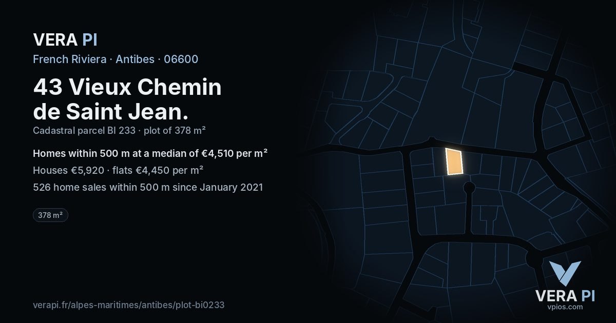 43 Vieux Chemin de Saint Jean, Antibes at night – the plot lit, the parcels around coloured by the prices near them