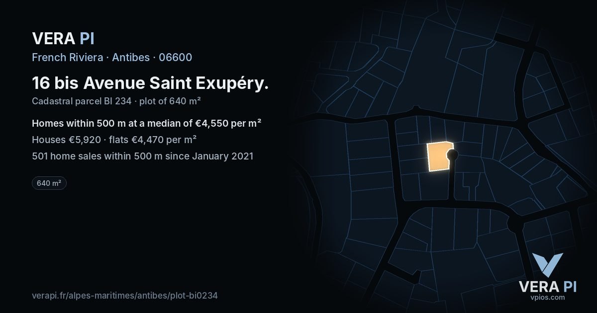 16 bis Avenue Saint Exupéry, Antibes at night – the plot lit, the parcels around coloured by the prices near them