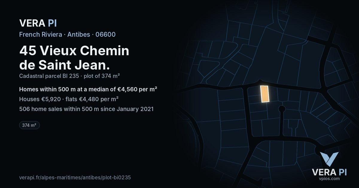 45 Vieux Chemin de Saint Jean, Antibes at night – the plot lit, the parcels around coloured by the prices near them