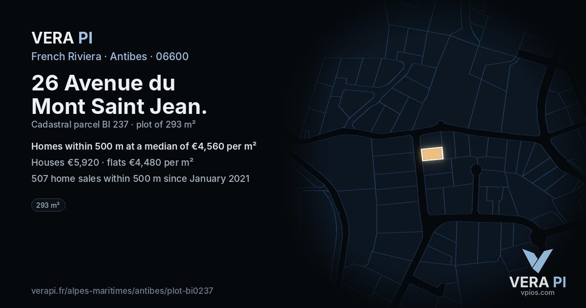 26 Avenue du Mont Saint Jean, Antibes at night – the plot lit, the parcels around coloured by the prices near them