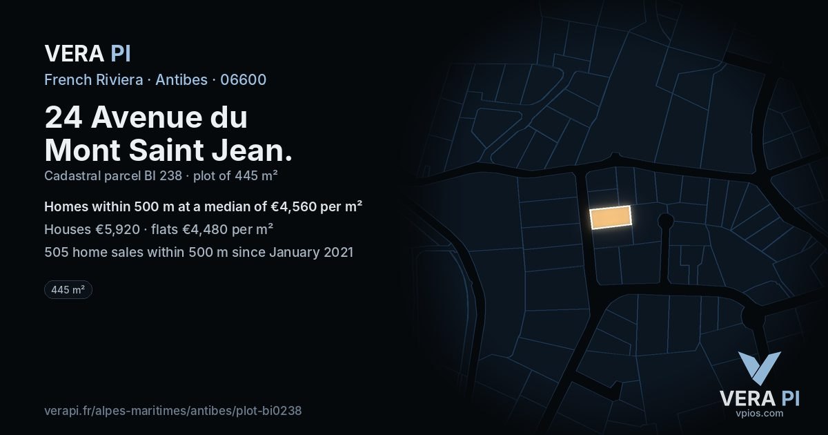 24 Avenue du Mont Saint Jean, Antibes at night – the plot lit, the parcels around coloured by the prices near them