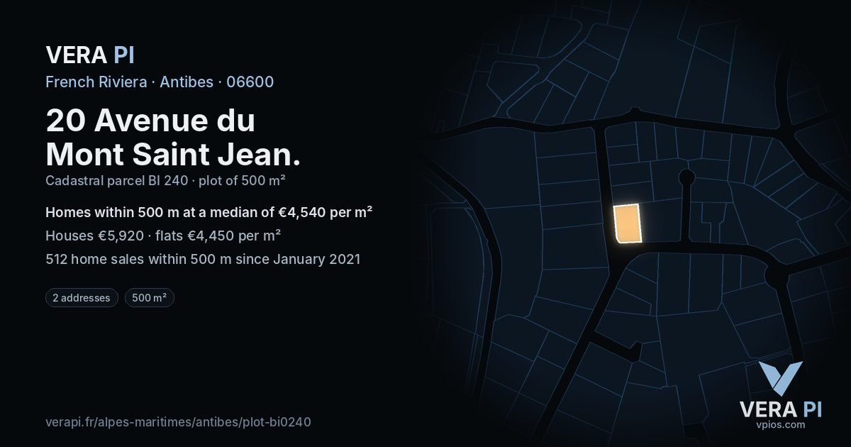 20 Avenue du Mont Saint Jean, Antibes at night – the plot lit, the parcels around coloured by the prices near them