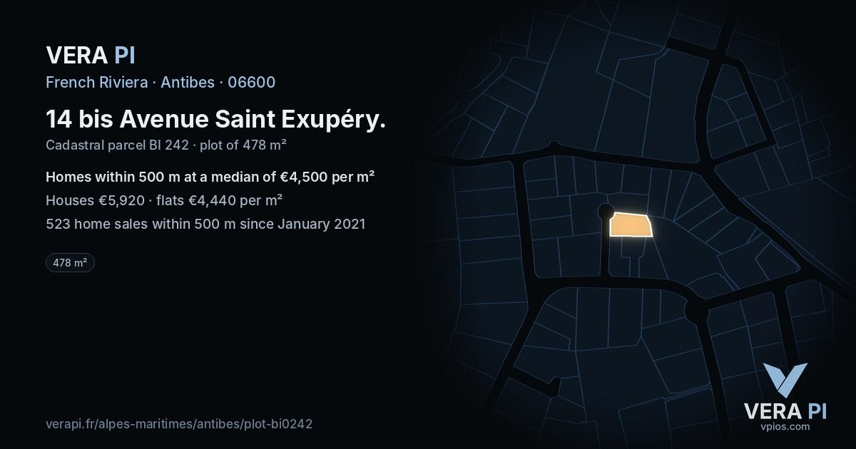 14 bis Avenue Saint Exupéry, Antibes at night – the plot lit, the parcels around coloured by the prices near them