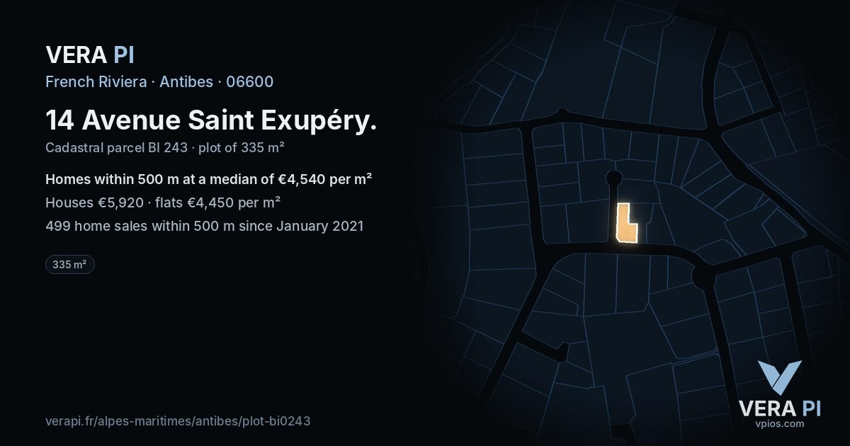 14 Avenue Saint Exupéry, Antibes at night – the plot lit, the parcels around coloured by the prices near them
