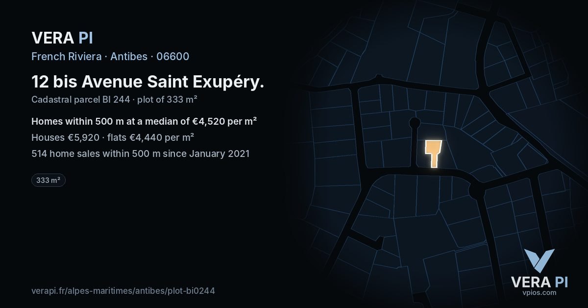 12 bis Avenue Saint Exupéry, Antibes at night – the plot lit, the parcels around coloured by the prices near them