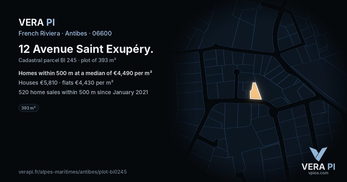 12 Avenue Saint Exupéry, Antibes at night – the plot lit, the parcels around coloured by the prices near them