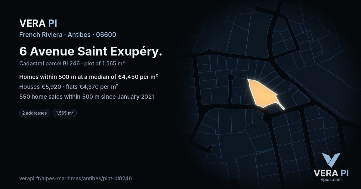 6 Avenue Saint Exupéry, Antibes at night – the plot lit, the parcels around coloured by the prices near them