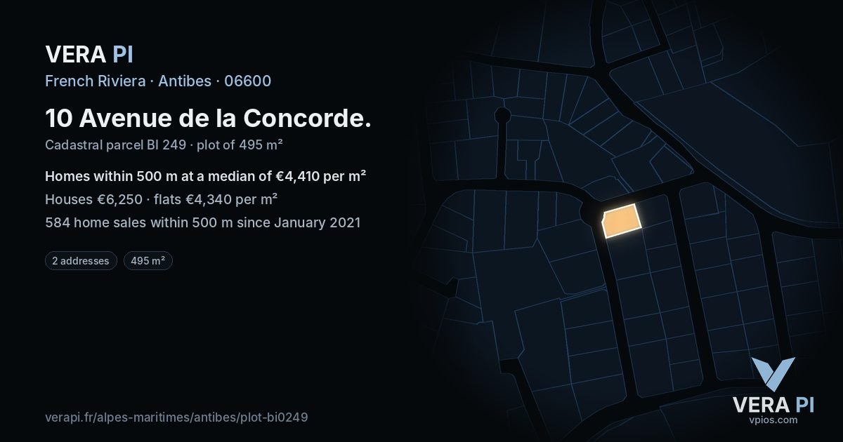 10 Avenue de la Concorde, Antibes at night – the plot lit, the parcels around coloured by the prices near them