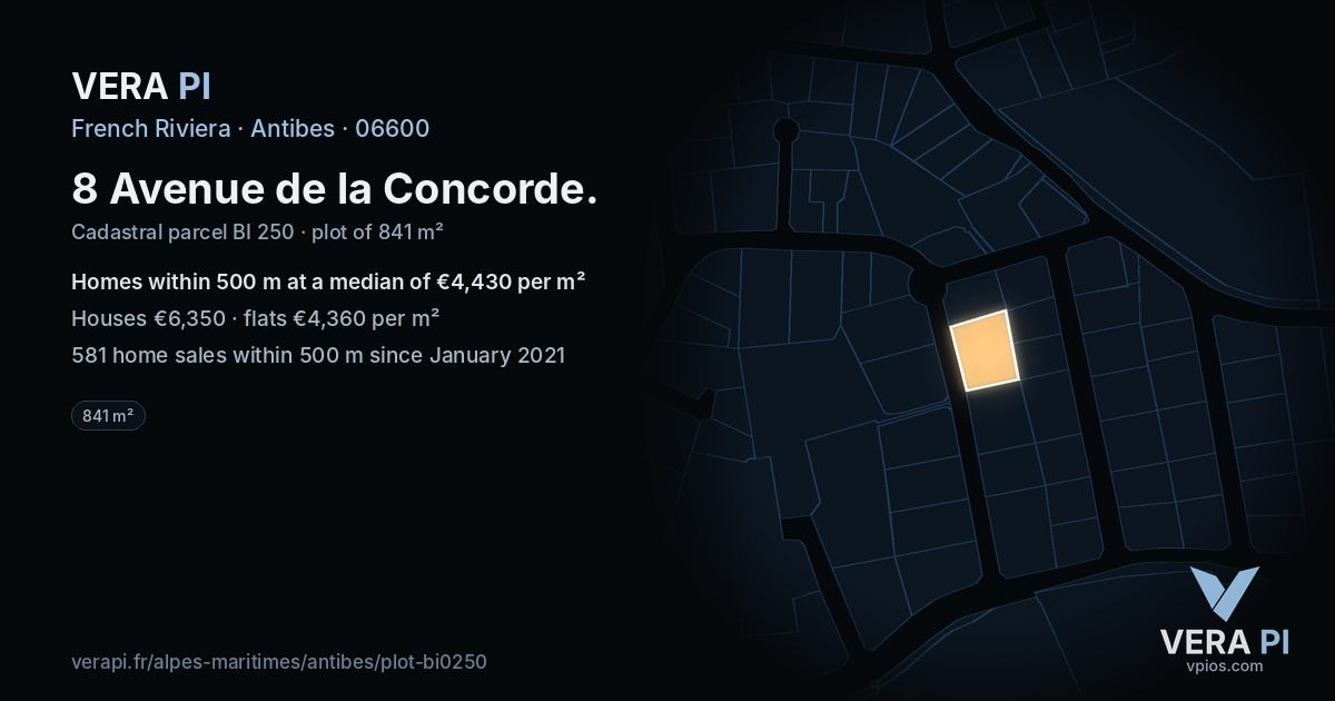 8 Avenue de la Concorde, Antibes at night – the plot lit, the parcels around coloured by the prices near them