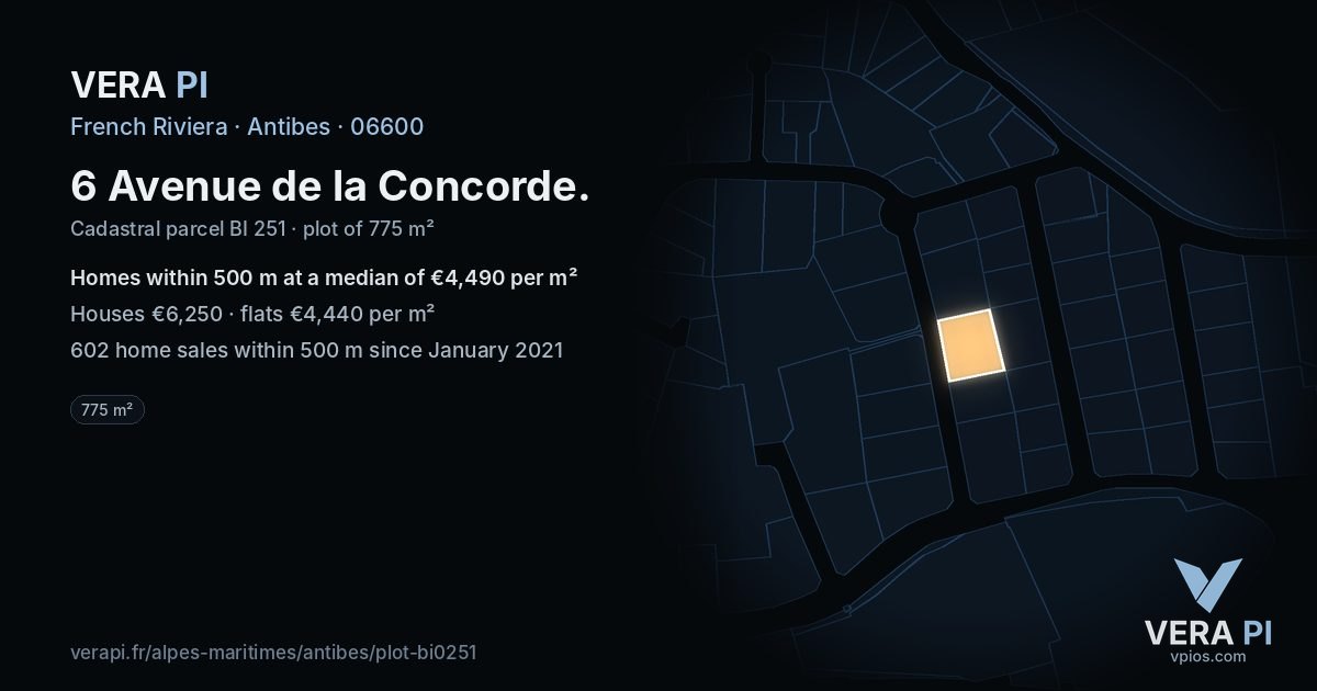 6 Avenue de la Concorde, Antibes at night – the plot lit, the parcels around coloured by the prices near them