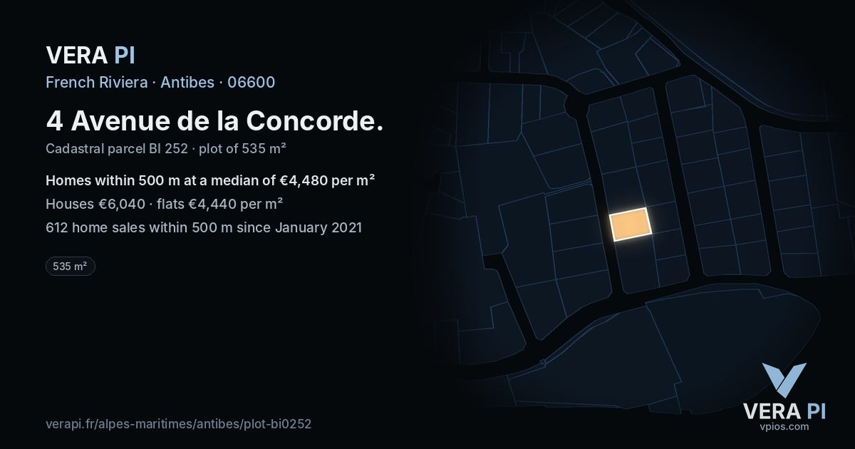 4 Avenue de la Concorde, Antibes at night – the plot lit, the parcels around coloured by the prices near them