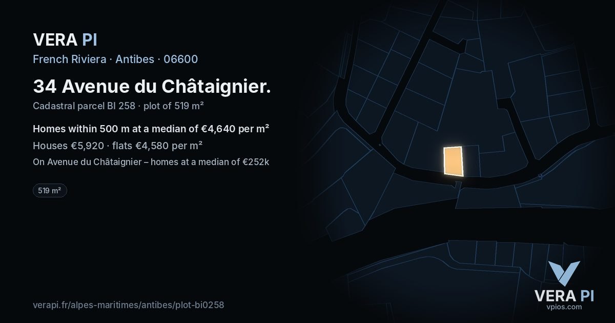 34 Avenue du Châtaignier, Antibes at night – the plot lit, the parcels around coloured by the prices near them