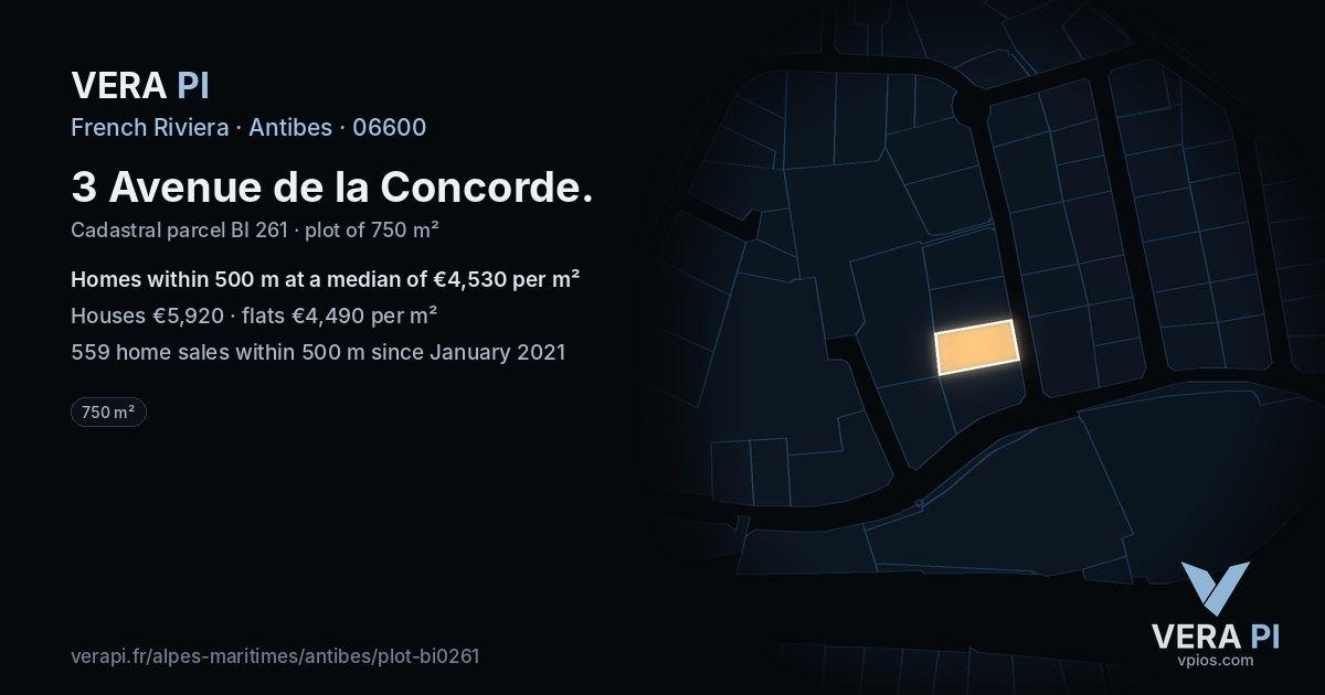 3 Avenue de la Concorde, Antibes at night – the plot lit, the parcels around coloured by the prices near them