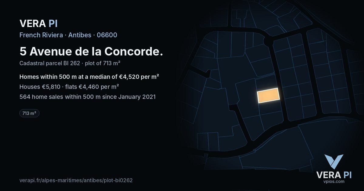 5 Avenue de la Concorde, Antibes at night – the plot lit, the parcels around coloured by the prices near them