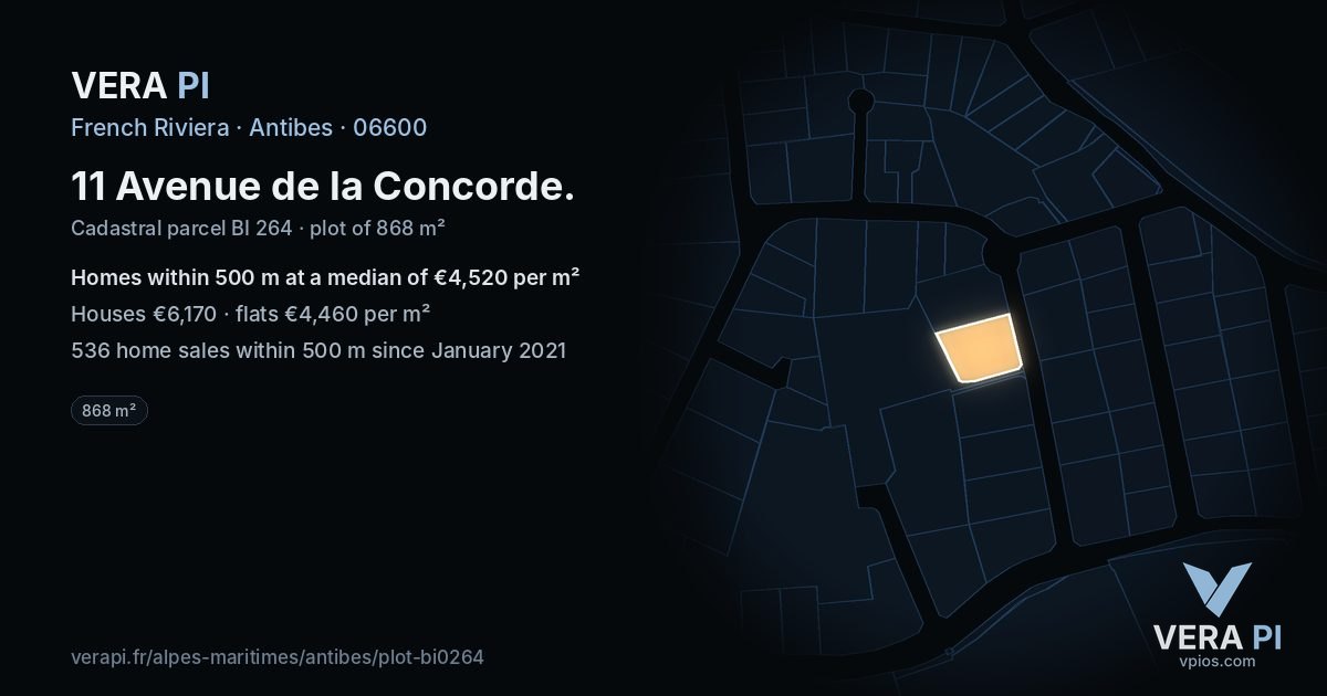 11 Avenue de la Concorde, Antibes at night – the plot lit, the parcels around coloured by the prices near them