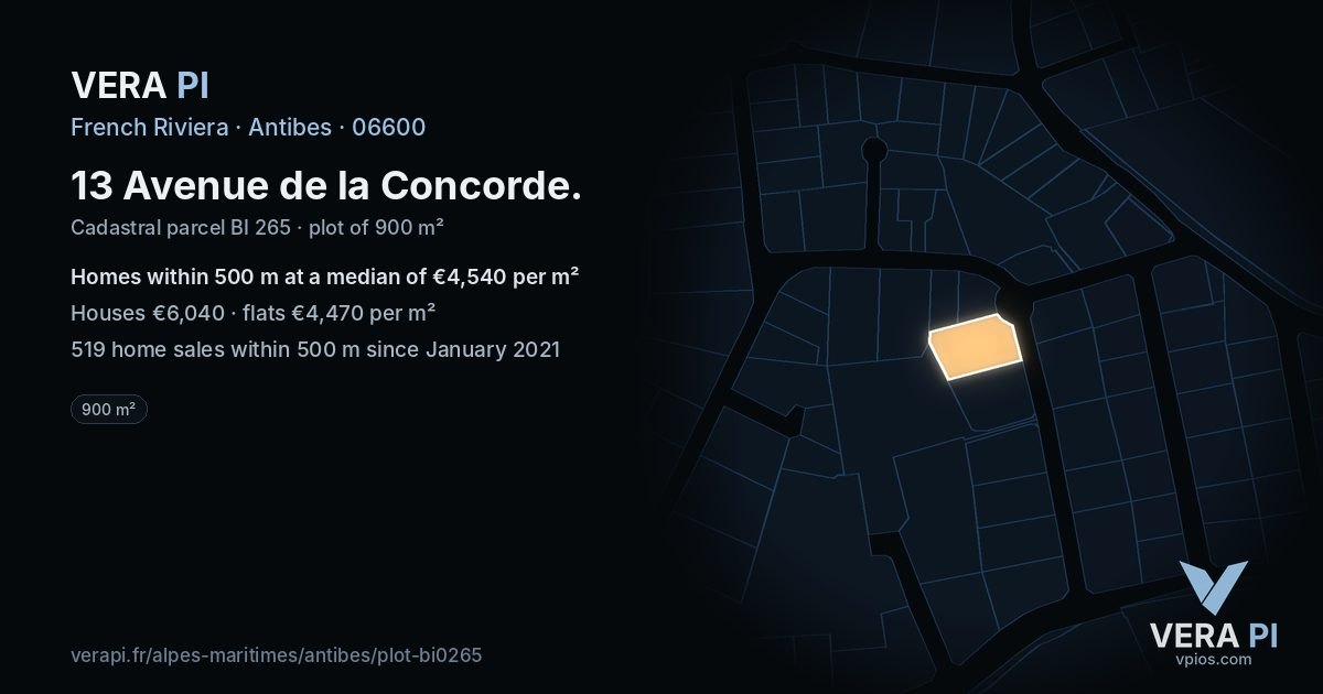 13 Avenue de la Concorde, Antibes at night – the plot lit, the parcels around coloured by the prices near them