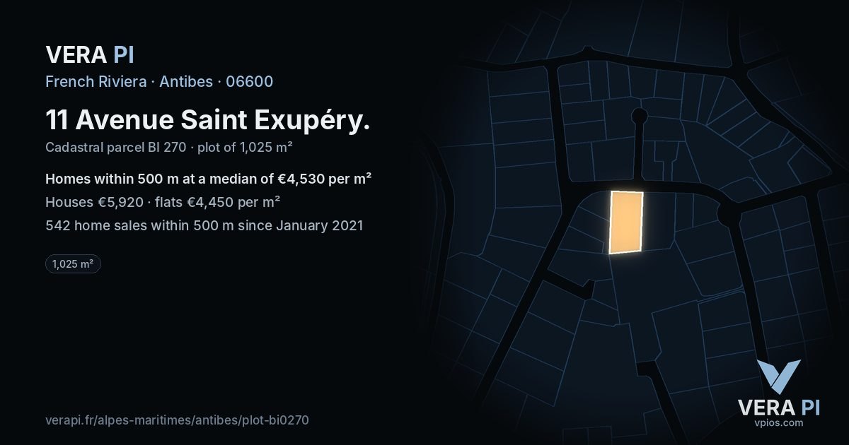 11 Avenue Saint Exupéry, Antibes at night – the plot lit, the parcels around coloured by the prices near them