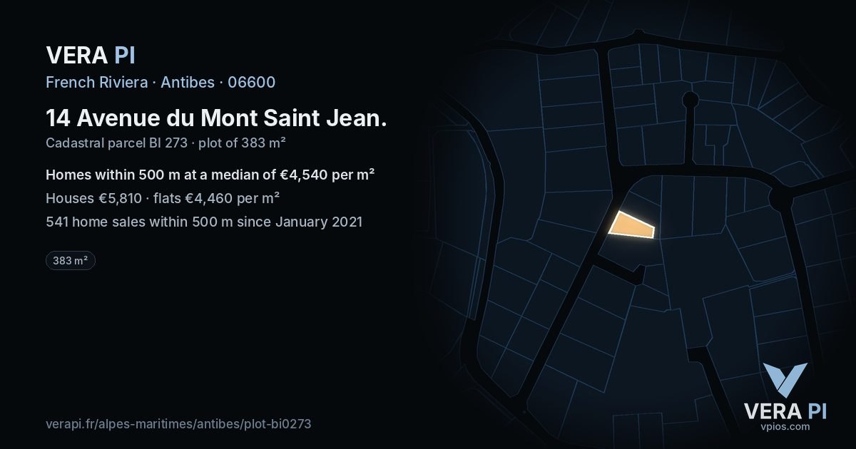 14 Avenue du Mont Saint Jean, Antibes at night – the plot lit, the parcels around coloured by the prices near them