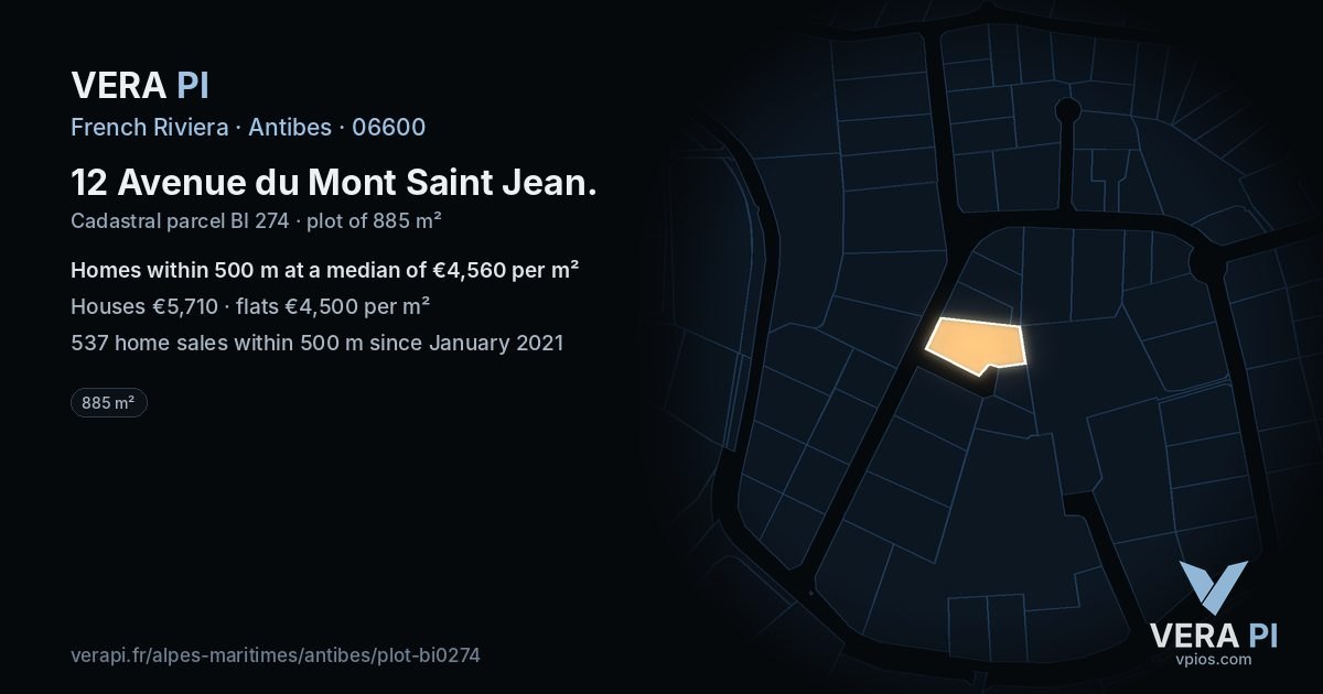 12 Avenue du Mont Saint Jean, Antibes at night – the plot lit, the parcels around coloured by the prices near them