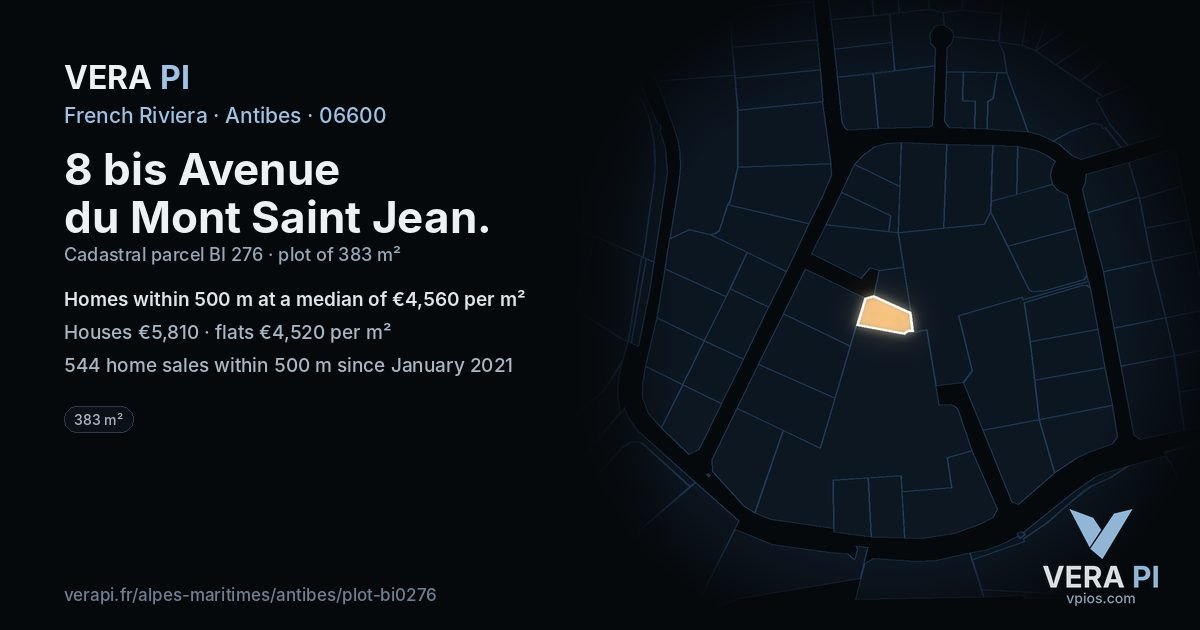 8 bis Avenue du Mont Saint Jean, Antibes at night – the plot lit, the parcels around coloured by the prices near them