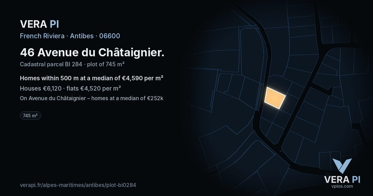 46 Avenue du Châtaignier, Antibes at night – the plot lit, the parcels around coloured by the prices near them