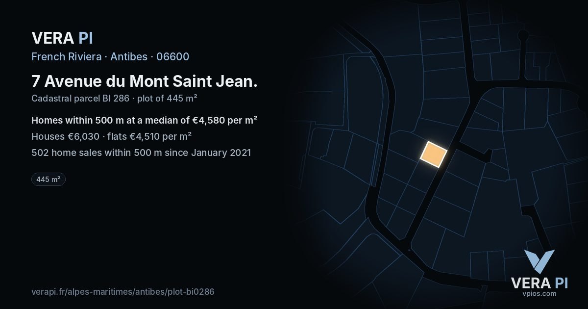 7 Avenue du Mont Saint Jean, Antibes at night – the plot lit, the parcels around coloured by the prices near them