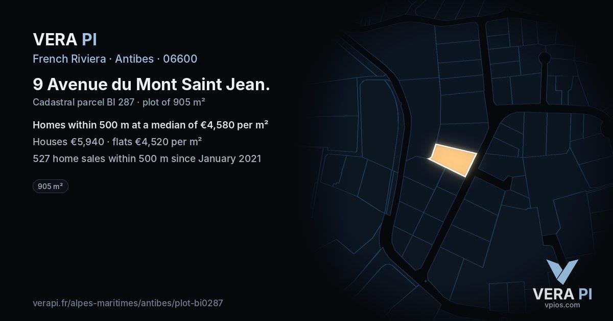 9 Avenue du Mont Saint Jean, Antibes at night – the plot lit, the parcels around coloured by the prices near them