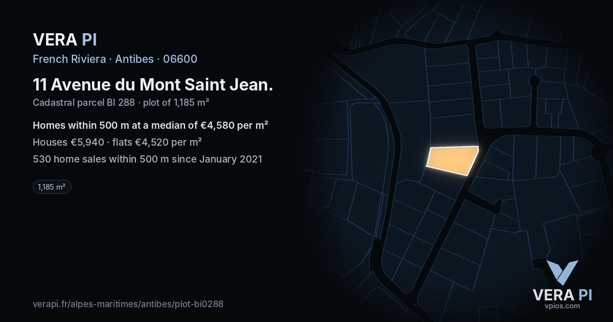 11 Avenue du Mont Saint Jean, Antibes at night – the plot lit, the parcels around coloured by the prices near them