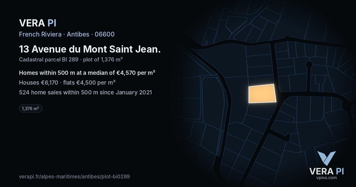 13 Avenue du Mont Saint Jean, Antibes at night – the plot lit, the parcels around coloured by the prices near them