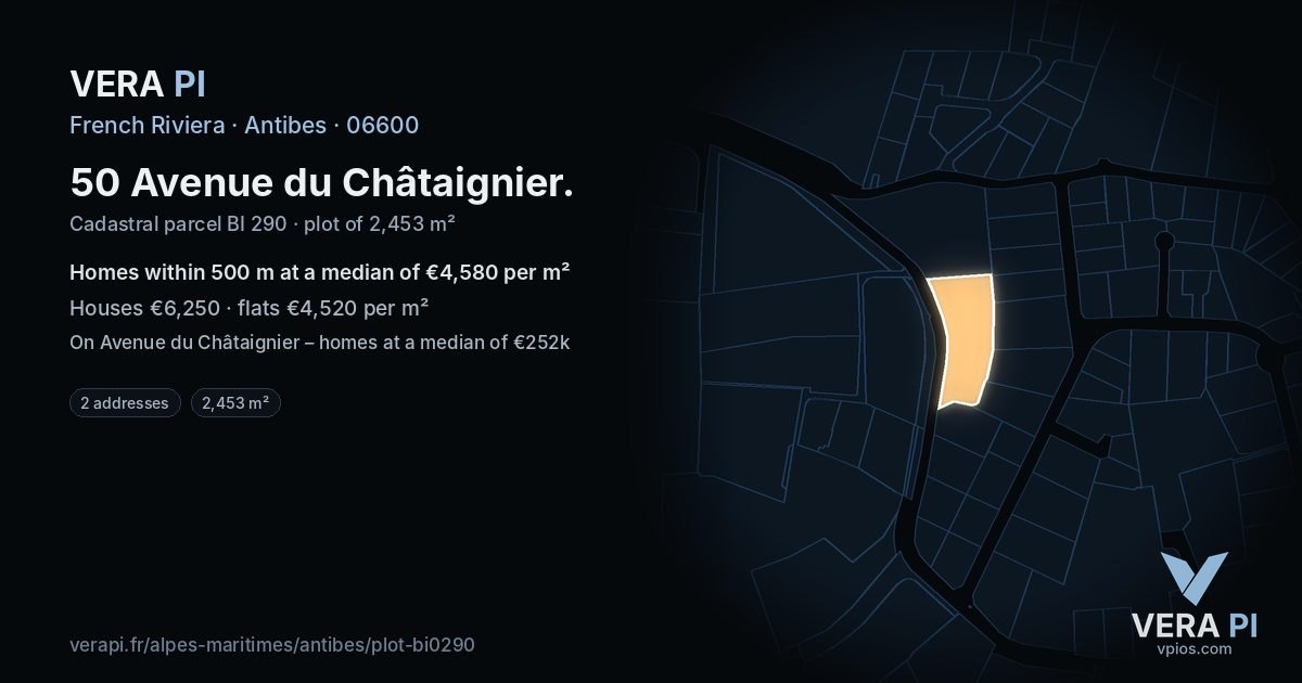 50 Avenue du Châtaignier, Antibes at night – the plot lit, the parcels around coloured by the prices near them