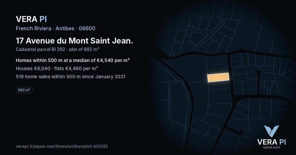 17 Avenue du Mont Saint Jean, Antibes at night – the plot lit, the parcels around coloured by the prices near them