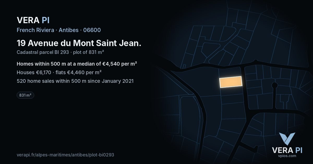 19 Avenue du Mont Saint Jean, Antibes at night – the plot lit, the parcels around coloured by the prices near them