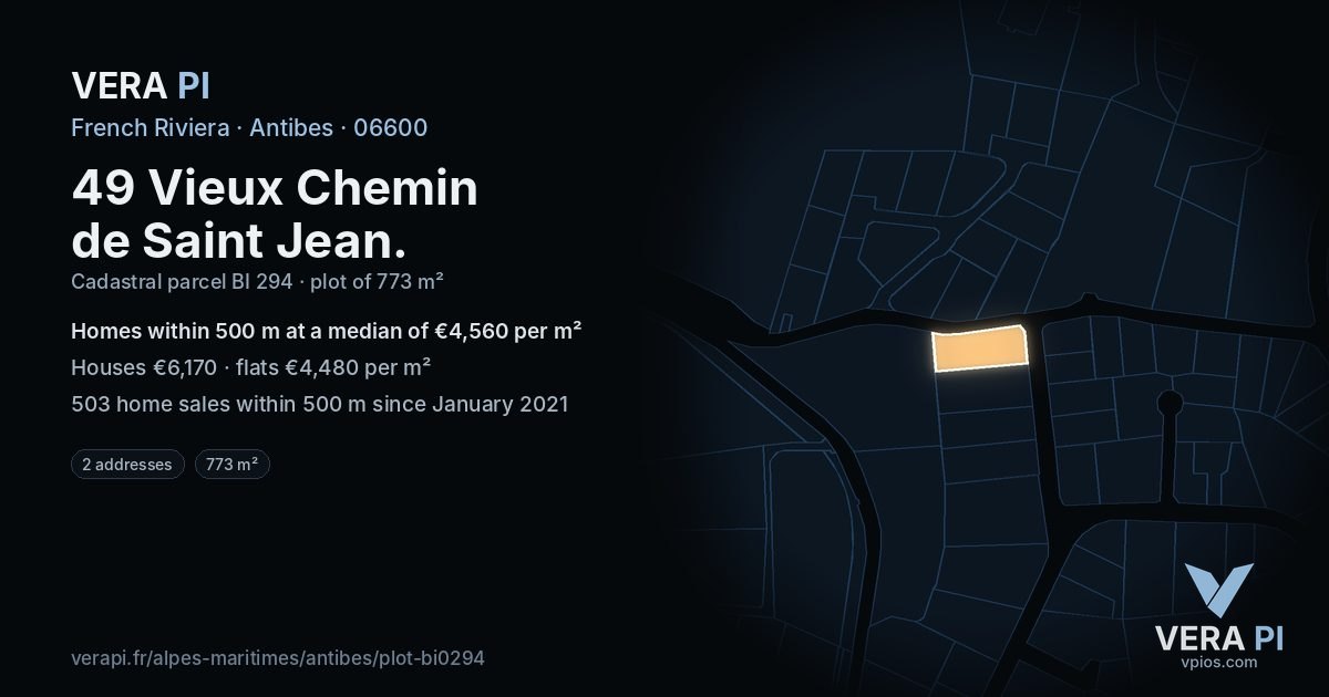 49 Vieux Chemin de Saint Jean, Antibes at night – the plot lit, the parcels around coloured by the prices near them