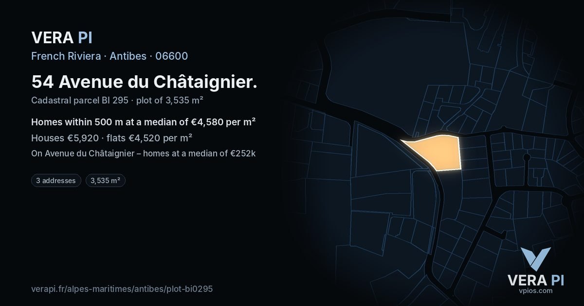 54 Avenue du Châtaignier, Antibes at night – the plot lit, the parcels around coloured by the prices near them