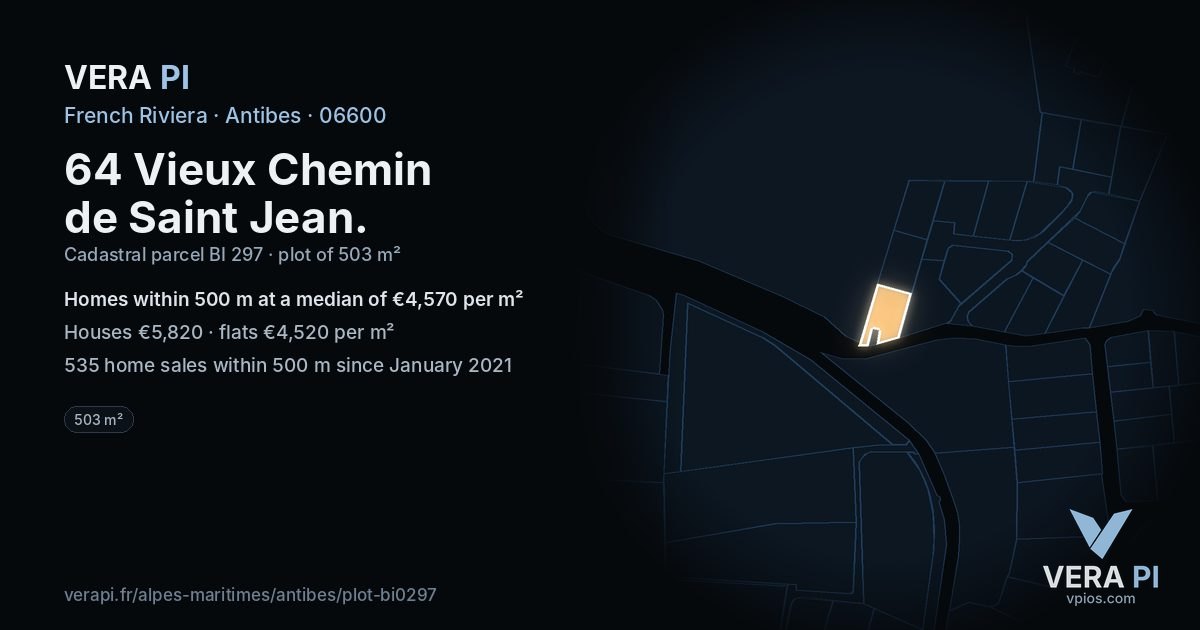 64 Vieux Chemin de Saint Jean, Antibes at night – the plot lit, the parcels around coloured by the prices near them
