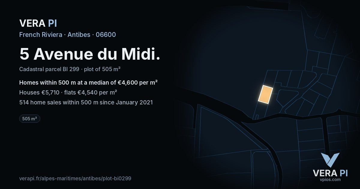 5 Avenue du Midi, Antibes at night – the plot lit, the parcels around coloured by the prices near them